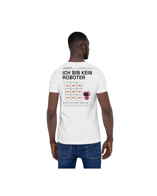 T-Shirt Ich bin kein Roboter in weiß — am Model
