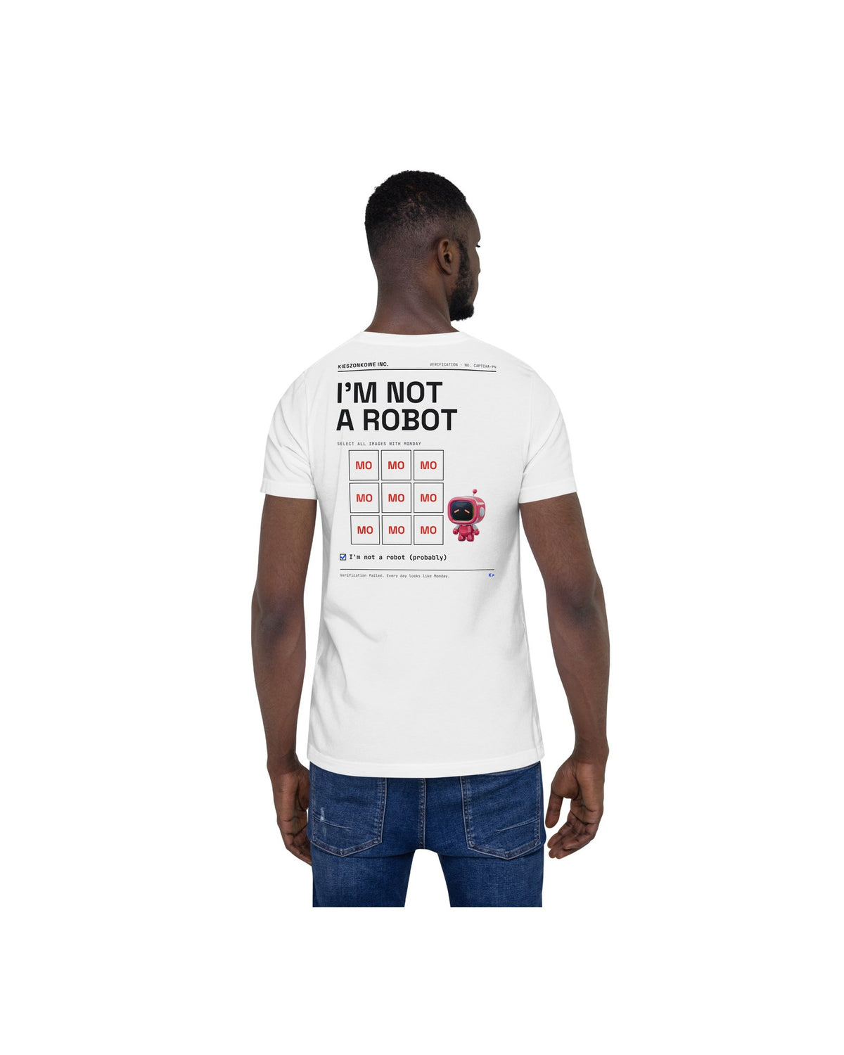 white T-shirt I'm Not a Robot — worn by a model