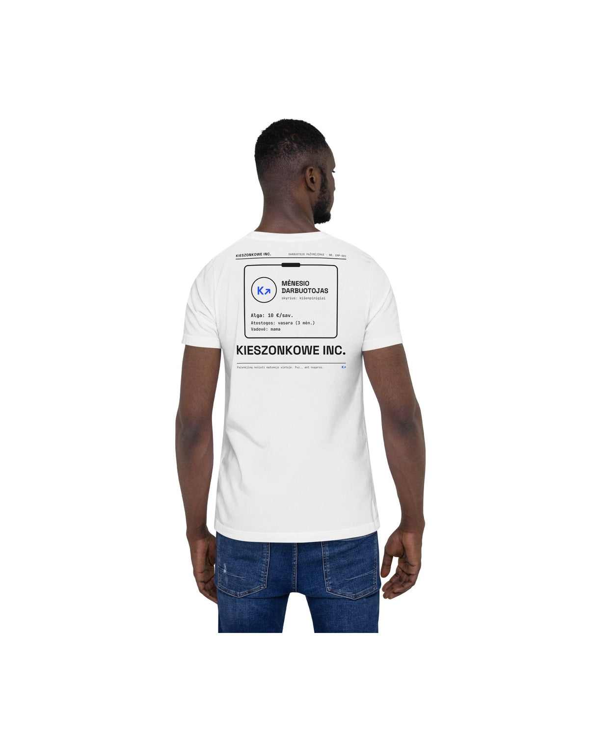 Marškinėliai Mėnesio darbuotojas, balta — ant modelio