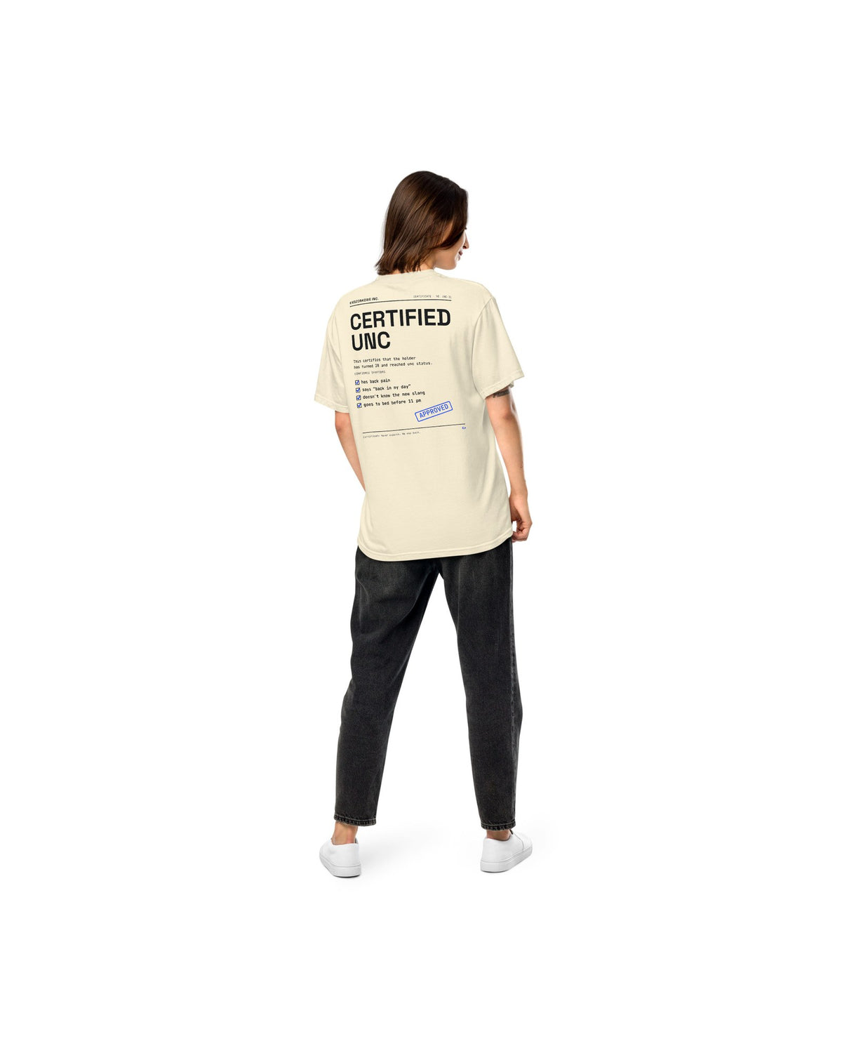 cream T-shirt Certified Unc — worn by a model