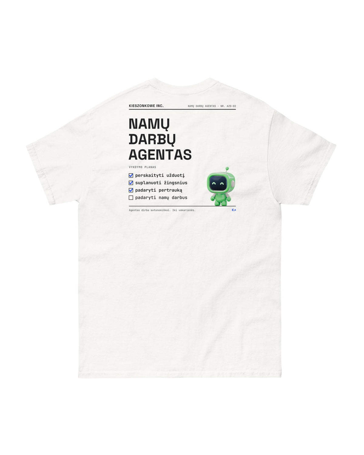 Marškinėliai Namų darbų agentas, balta — spaudinys ant nugaros