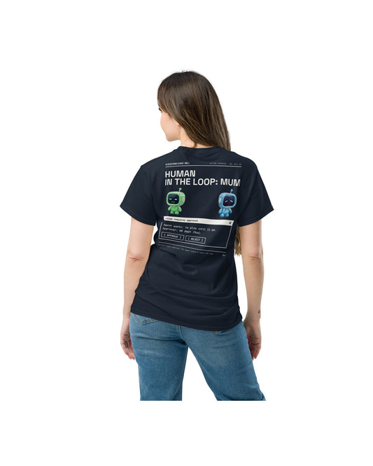navy T-shirt Human in the Loop: Mum — worn by a model