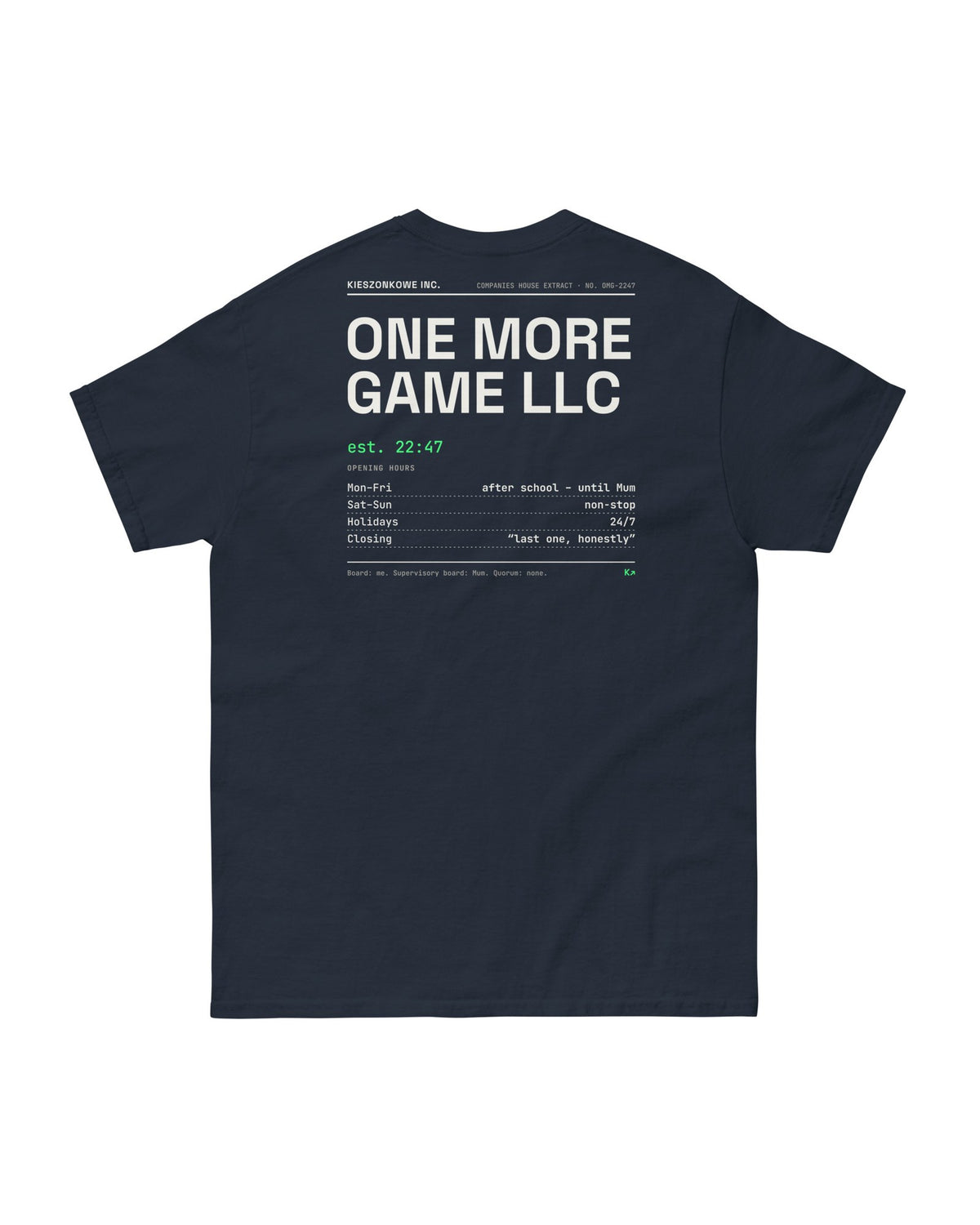 navy T-shirt One More Game LLC — back print