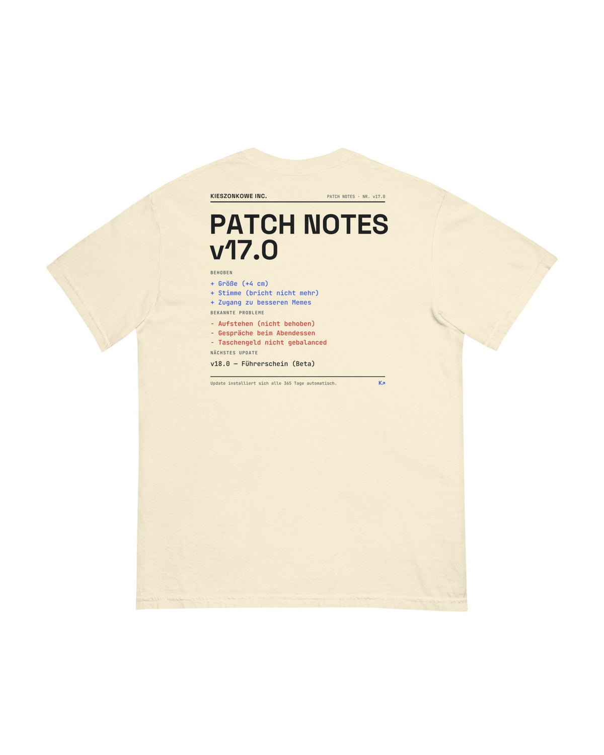 T-Shirt Patch Notes v17.0 in creme — Rückenprint
