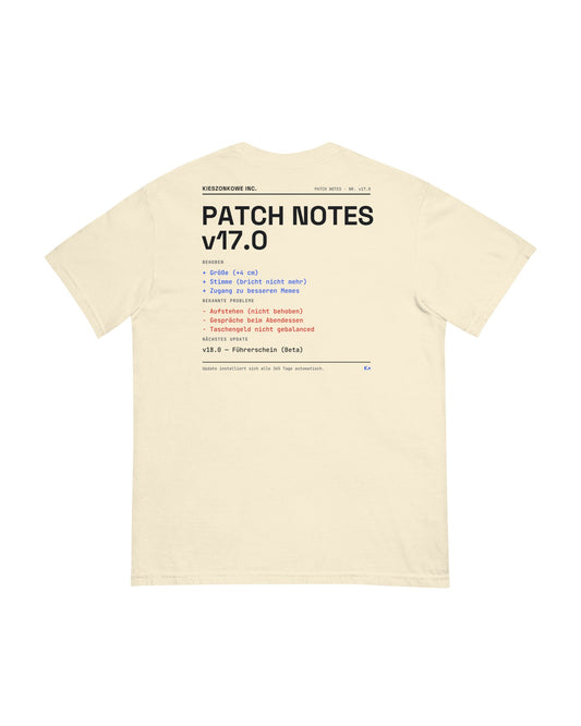 T-Shirt Patch Notes v17.0 in creme — Rückenprint