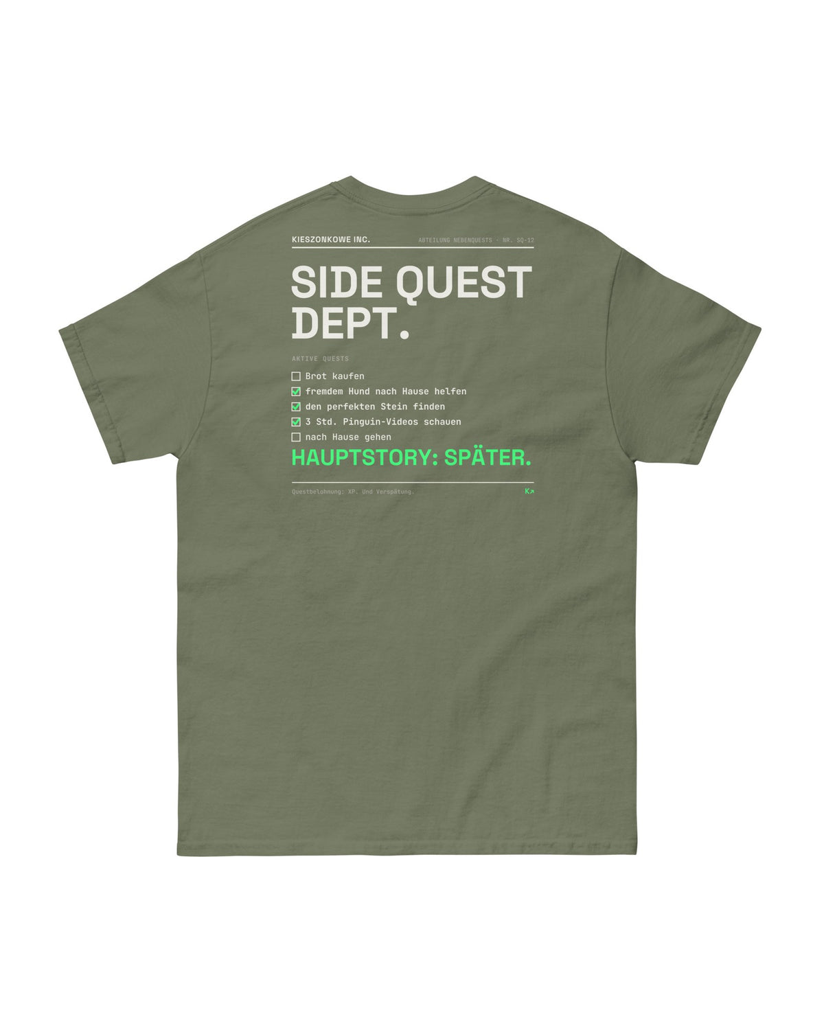 T-Shirt Side Quest Dept. in olivgrün — Rückenprint