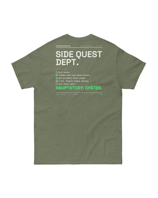 T-Shirt Side Quest Dept. in olivgrün — Rückenprint