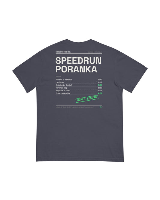 Granatowa koszulka Speedrun Poranka — nadruk na plecach